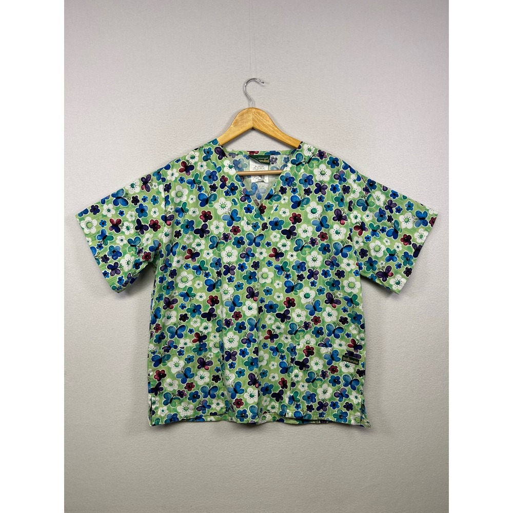 UA Scrubs Butterfly Floral Print Women Medium Green V-Neck Scrub Top